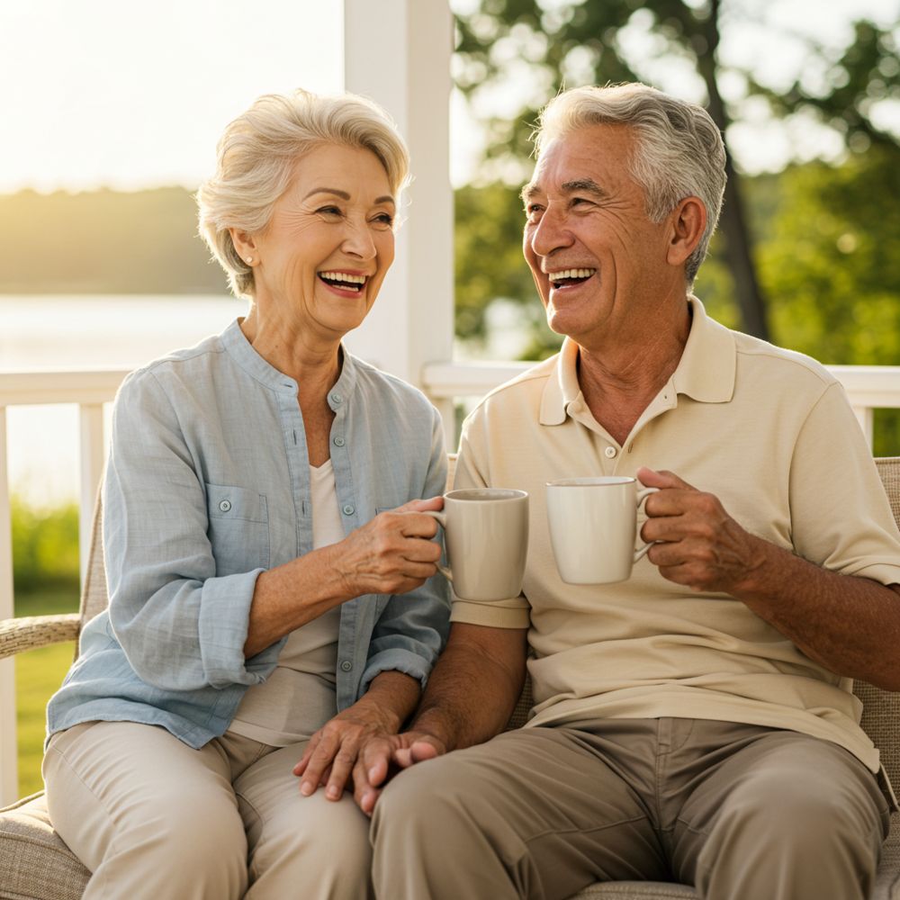 Smiling retired couple enjoying coffee on their porch